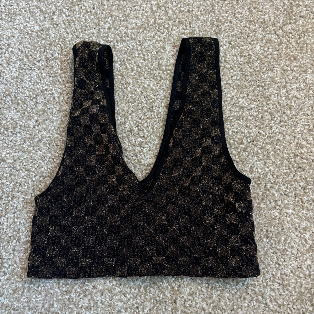 Free People Black and Gold Checkered Top